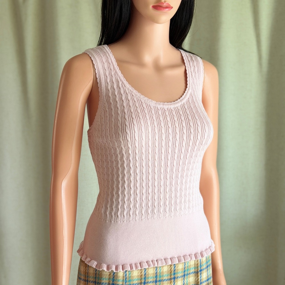 Jeanne Pierre Pink Cable Knit Ruffle Hem Sweater Tank Top M Coquette Balletcore